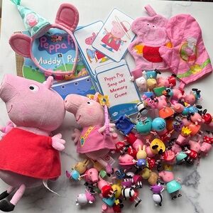 Colorful Peppa Pig Figurines lot plushies, headband, mitts, book, game bundle!